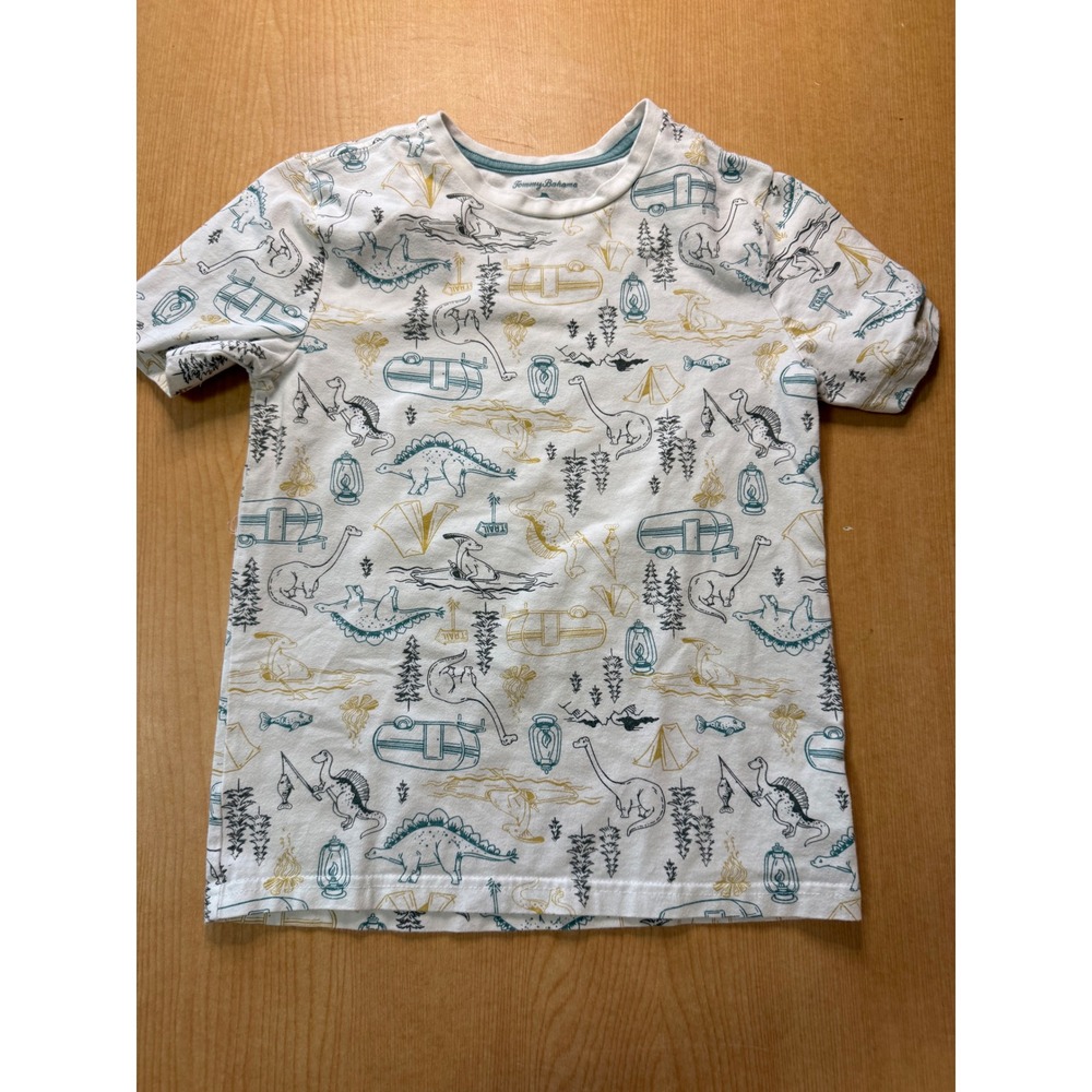 Tommy Bahama Boys M 7-8 Dinosaur Camping Graphic T-Shirt White Short‎ Sleeve Tee